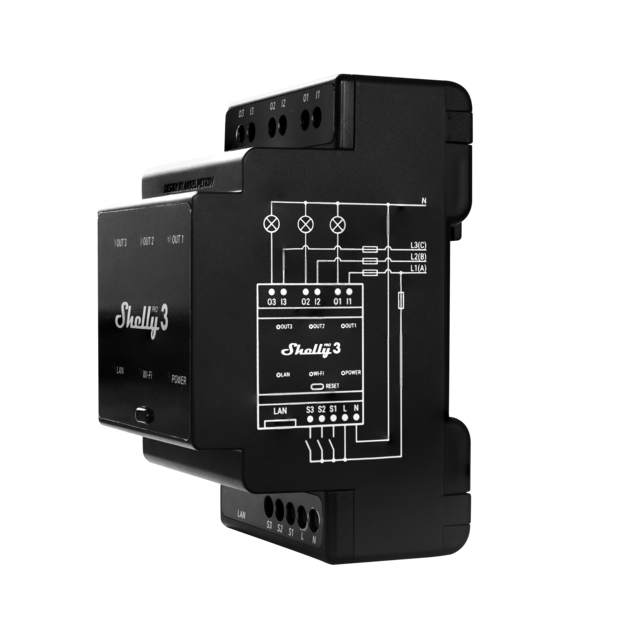 SHELLY PRO 3 Spínací modul na DIN lištu SHELLY PRO 3 Spínací modul na DIN lištu